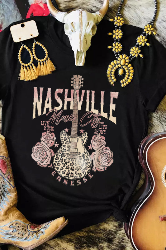 Nashville Leopard Guitar Rose Print Short Sleeve T Shirt