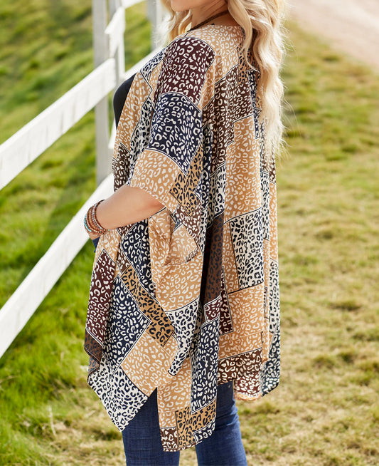 Leopard Color Block Open Front Kimono