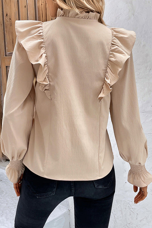 Ruffled Lace up Bubble Sleeve Blouse