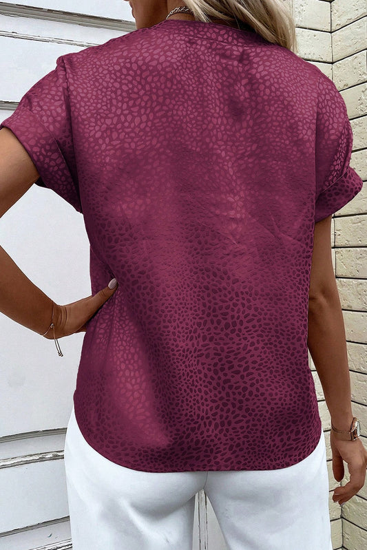 Leopard Print Rolled Sleeve V Neck Blouse