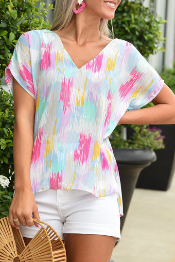 Multicolor Abstract Print V Neck Dolman Blouse