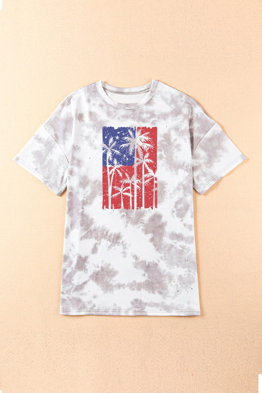 Patriotic 4th of July Palim Tree Tied Dye Distressed T Shirt