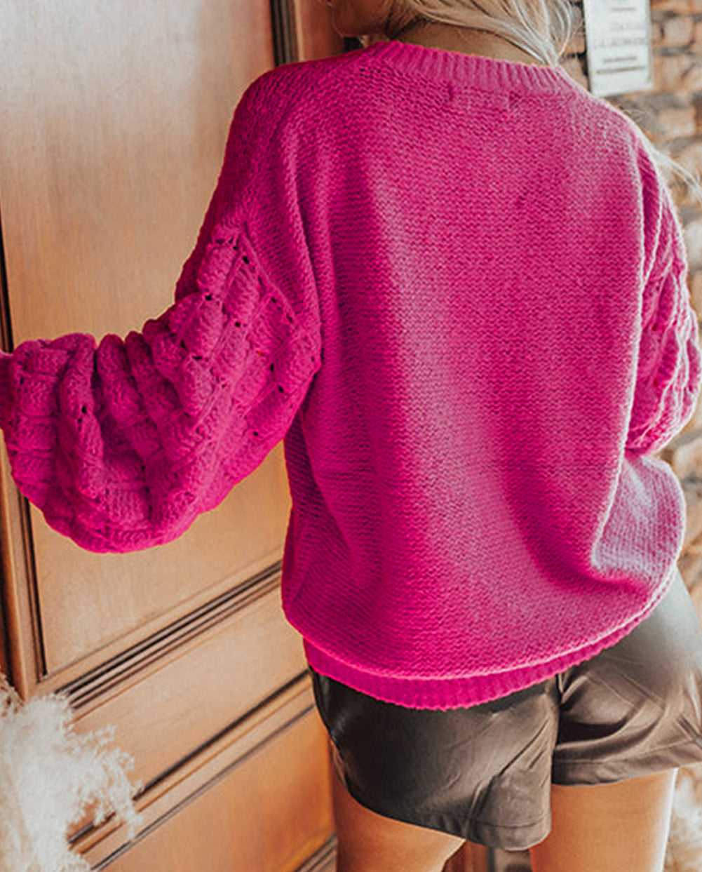Hollowed Bubble Sleeve Knit Sweater
