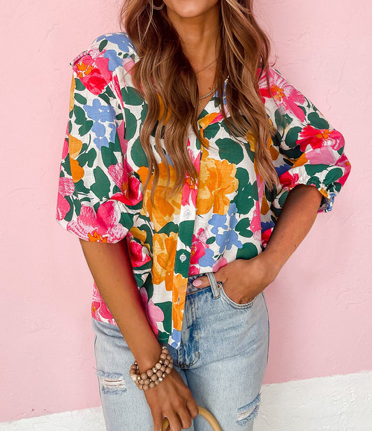 Floral Print Ruffle Trim Puff Sleeve Shirt