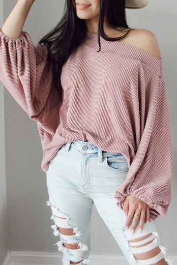 One-Shoulder Balloon Sleeve Ribbed Blouse