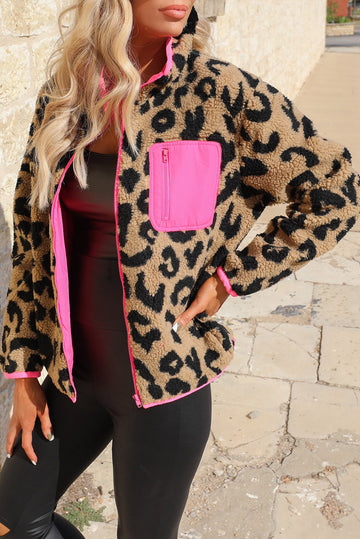 Colorblock Pocket Zipper Fuzzy Fleece Jacket
