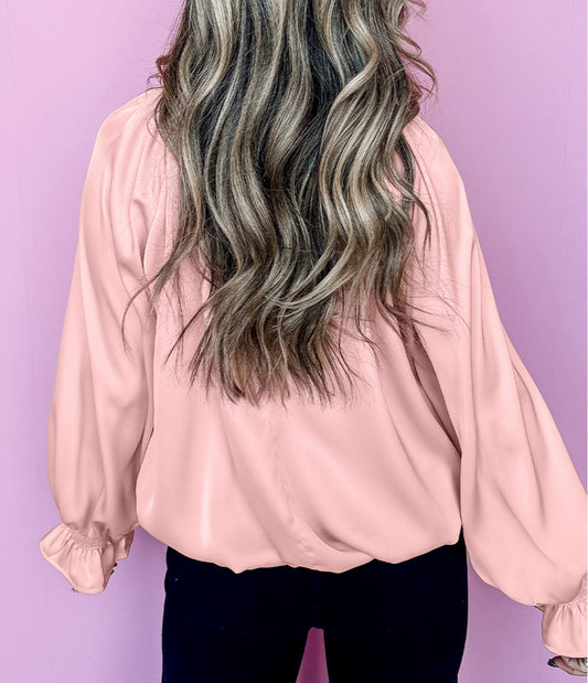 Pink Pleated Round Neck Flounce Sleeve Satin Blouse