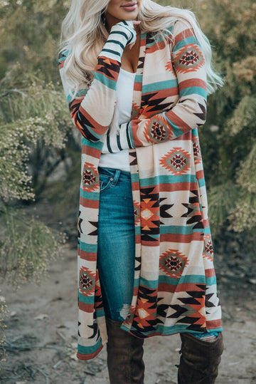 Geometric Color Block Open Front Long Cardigan