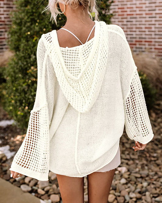Open Knit Long Sleeve Pocketed Hooded Sweater