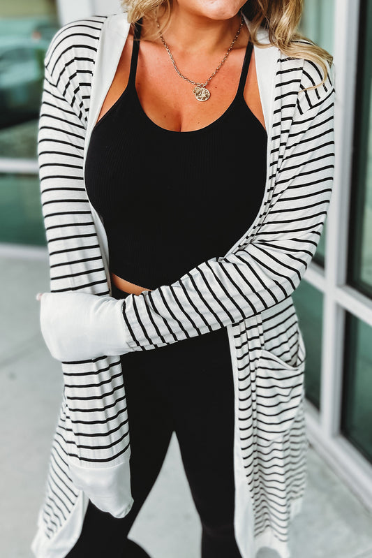Striped Side Pockets Open Front Cardigan