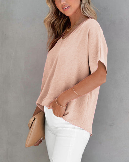 Solid V Neck Short Sleeve Blouse