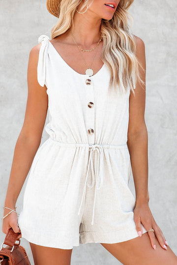 White Buttons Drawstring Sleeveless Romper