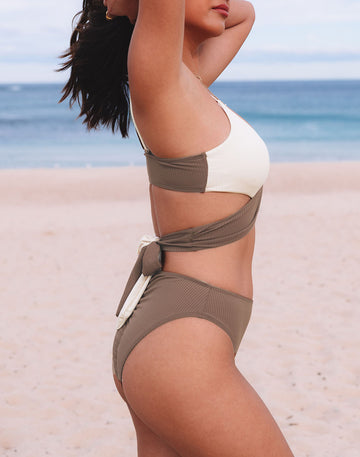 Khaki Color Block Knot Back Wrap Bikini Swimsuit