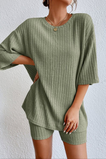 Plain Ribbed Loose Fit Two Piece Lounge Set