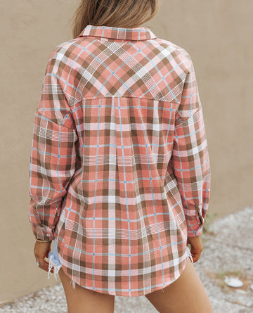 Drop Shoulder Rounded Hem Plaid Pattern Shirt
