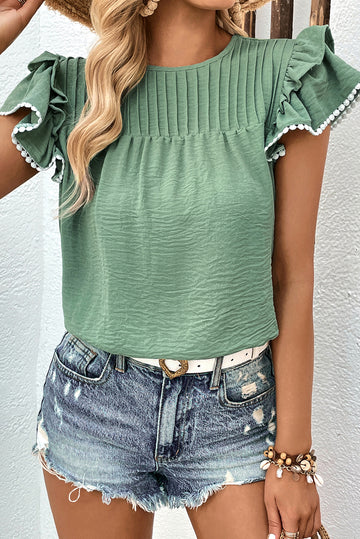 Pleated Pom Pom Trim Ruffled Sleeve Blouse