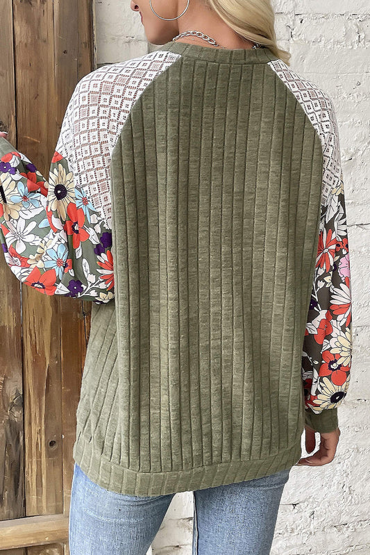 Green Floral Patchwork Long Sleeve Ribbed Blouse