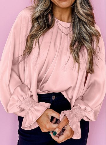 Pink Pleated Round Neck Flounce Sleeve Satin Blouse