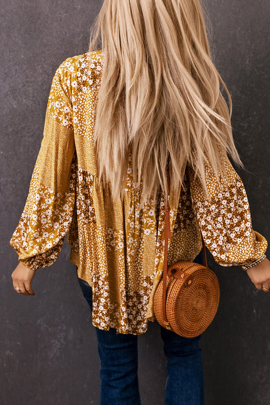 Yellow Boho Floral Patchwork Tassel Tie Babydoll Blouse