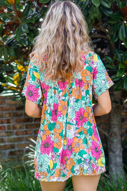 Floral Print Short Sleeve Babydoll Blouse