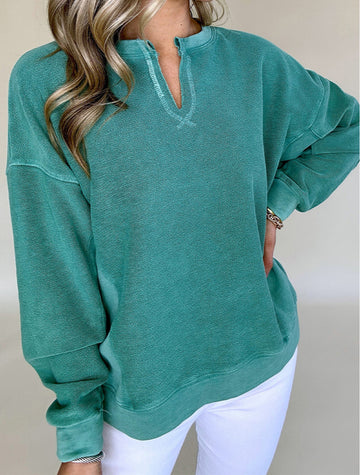 Solid Color Notched Neck Drop Shoulder Sweatshirt