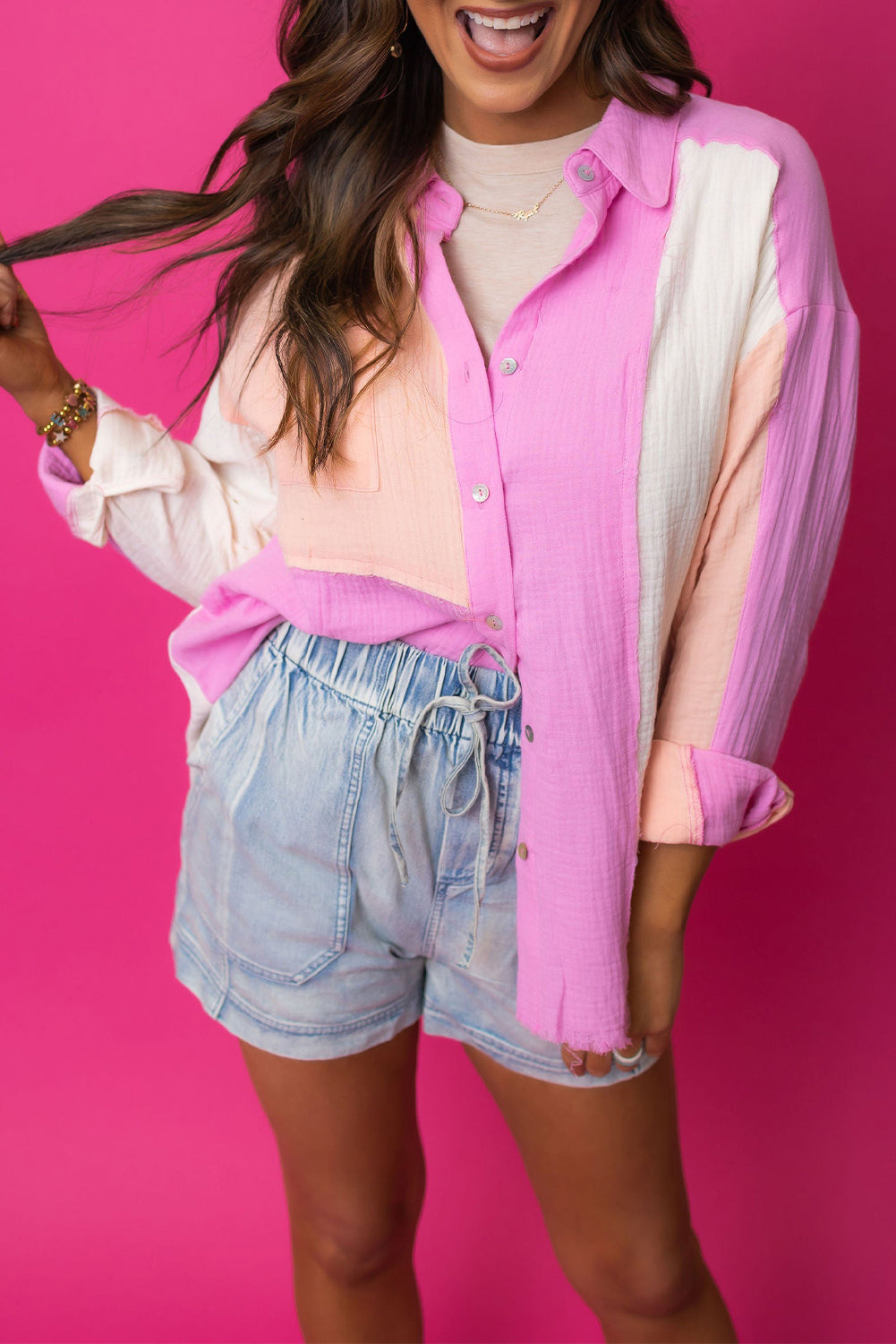 Color Block Buttoned Raw Hem Textured Shirt