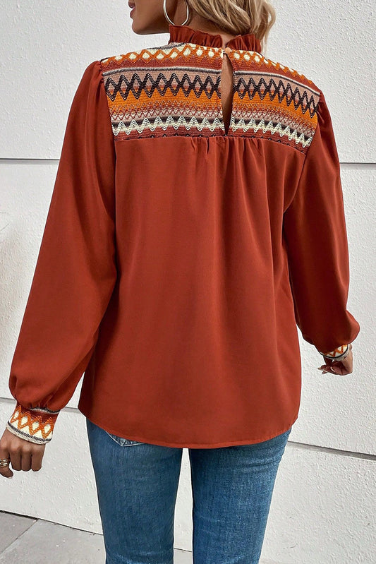 Clay Western Geometric Print Bubble Sleeve Frilled Neck Blouse