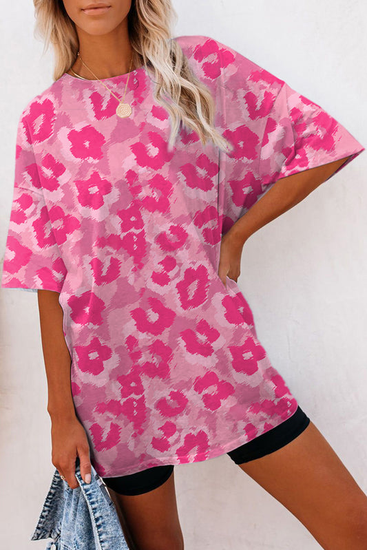 Pink Leopard Print Half Sleeve Oversized T Shirt