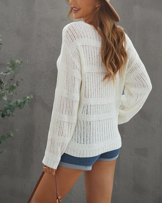 Loose Long Sleeve V Neck Open Knit Sweater