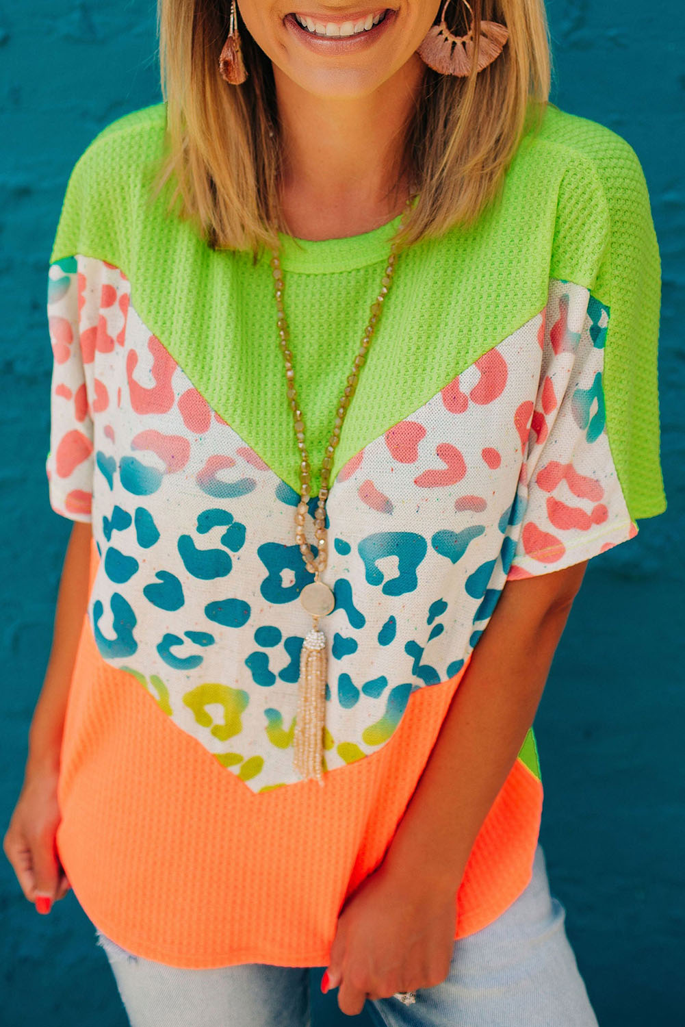 Color Block Leopard Waffle Knit Patchwork T-Shirt