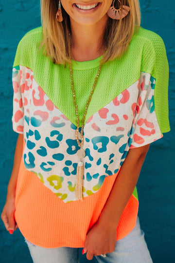 Color Block Leopard Waffle Knit Patchwork T-Shirt