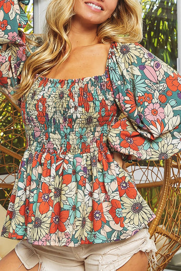 Floral Print Smocked Puff Sleeve Peplum Blouse