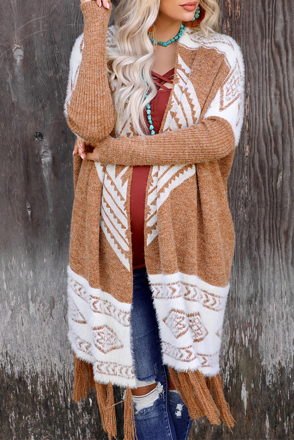 Western Furry Knit Tassel Hem Cardigan