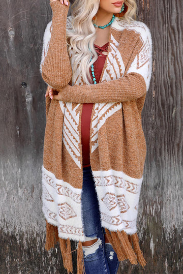 Western Furry Knit Tassel Hem Cardigan