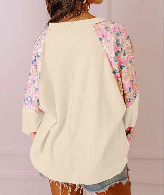 Apricot Textured Floral Patchwork Balloon Sleeve Blouse