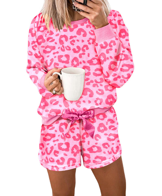 Leopard Long Sleeve Satin Tie Shorts Two Piece Set