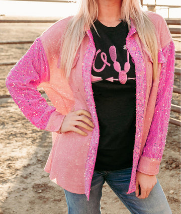 Pink Mineral Wash Sequin Patchwork Flap Pocket Shacket