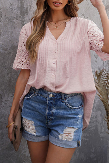 V Neck Eyelet Short Sleeve Pleated Blouse