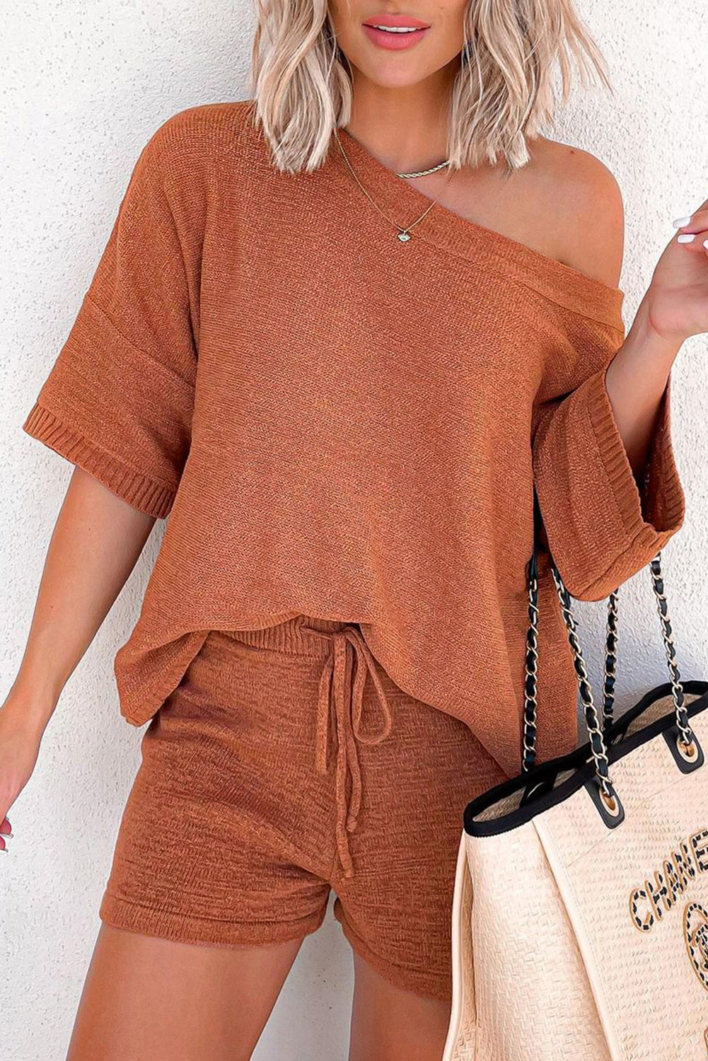 Loose Top and Drawstring Shorts Knit Set